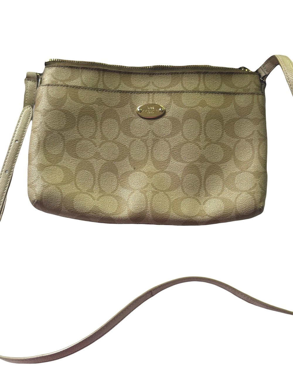 Coach Tan Signature Jacquard Crossbody with Gold Plaque